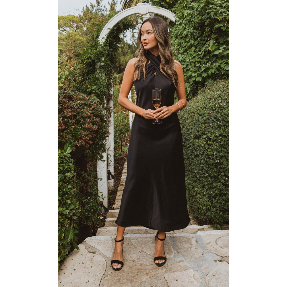 Show Me Your Mumu Jasmine Halter Midi Dress Black Luxe Satin L